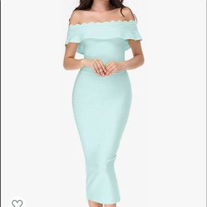 Teal bandage off the shoulder pencil dress unique